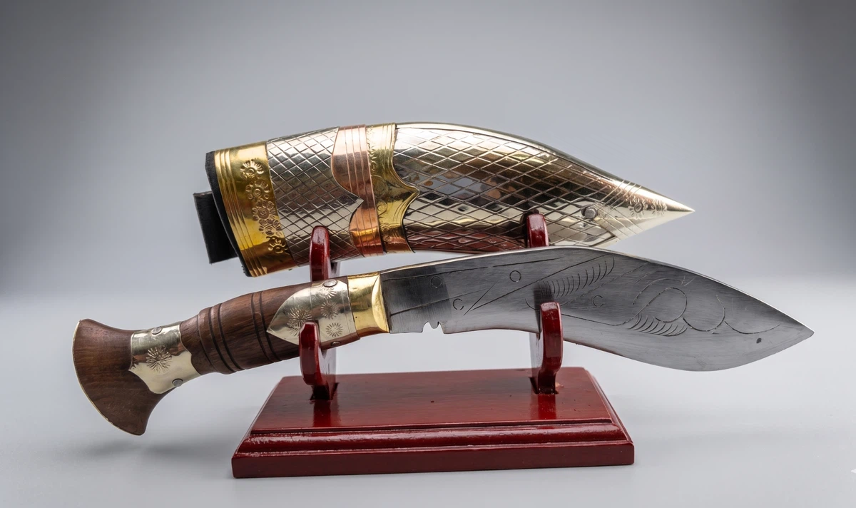 Handcrafted Nepali Khukuri with Wooden Display Stand and Velvet Scabbard