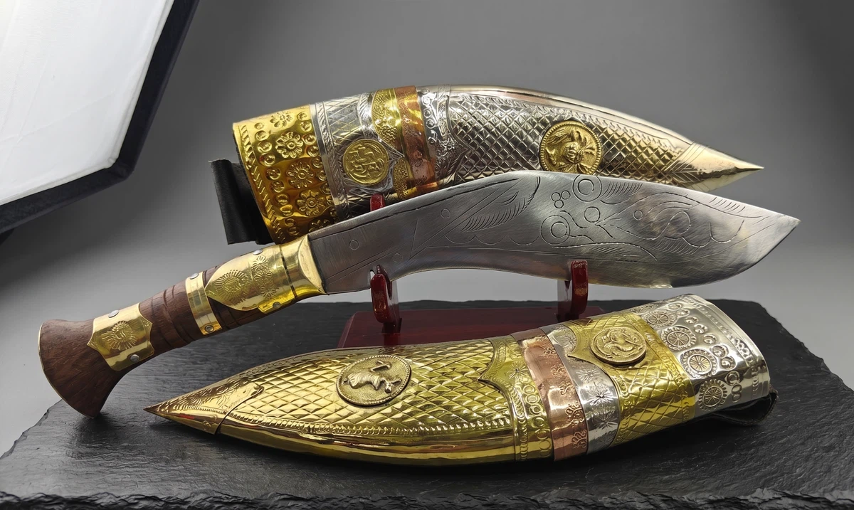 Handcrafted Nepali Khukuri with Wooden Display Stand and Velvet Scabbard