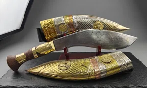 Handcrafted Nepali Khukuri with Wooden Display Stand and Velvet Scabbard