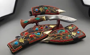 Handcrafted Nepali Khukuri with Wooden Display Stand and Velvet Scabbard