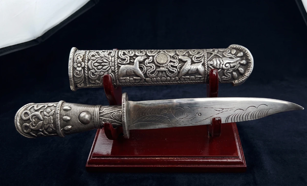 Tibetan Style Ritual Knife with Filigree Scabbard on Marble Stand