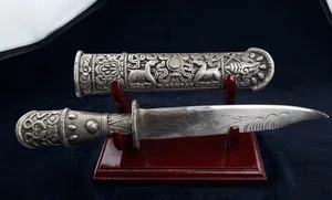 Tibetan Style Ritual Knife with Filigree Scabbard on Marble Stand