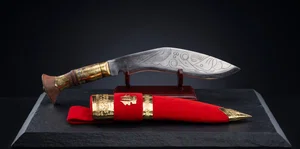 Handcrafted Nepali Khukuri with Wooden Display Stand and Velvet Scabbard
