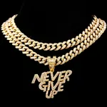 Never Give Up Letter Pendant Cuban Chain Necklace image 2