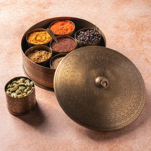 Brass Masaladani (Acacia Wood Box with Brass Containers) - Available at AfnoBazar Nepal