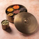 Brass Masaladani (Acacia Wood Box with Brass Containers) - Available at AfnoBazar Nepal