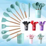 12 Piece Silicone Spatula Set - Heat Resistant Kitchen Utensils with Wooden Handles and Holder image 4