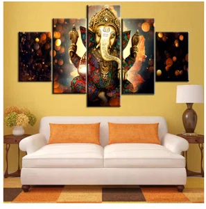 Ganesh Canvas Wall Painting - 5 Panel Print Set for Living Room and Puja Room
