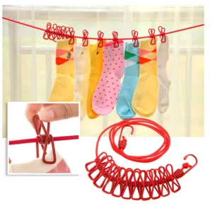 Multi-Functional Clothesline with 12 Clips - Portable Elastic Drying Rope