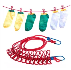 Portable Clothesline with 12 Clips - Elastic Travel Drying Rope with Hanging Hooks