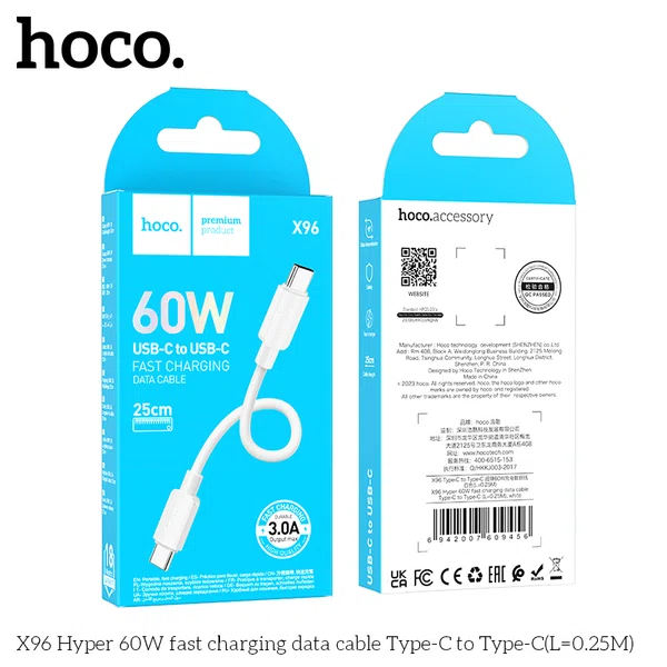 Hoco X96 Hyper 60W Fast Charging Data Cable Type-C to Type-C (L=0.25m) - Available at AfnoBazar Nepal