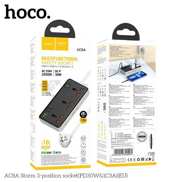 Hoco AC8 Storm 3-Position Socket (PD30W/1C3A) (EU) - Available at AfnoBazar Nepal