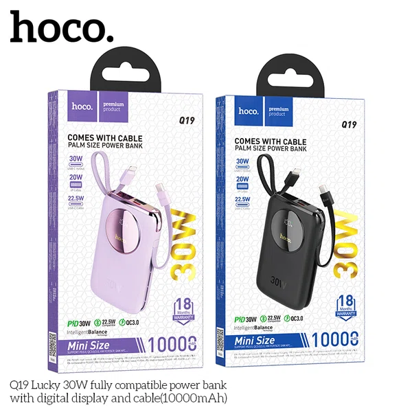 Hoco Q19 Lucky 30W Fully Compatible Power Bank with Digital Display and Cable (10000mAh) - Available at AfnoBazar Nepal