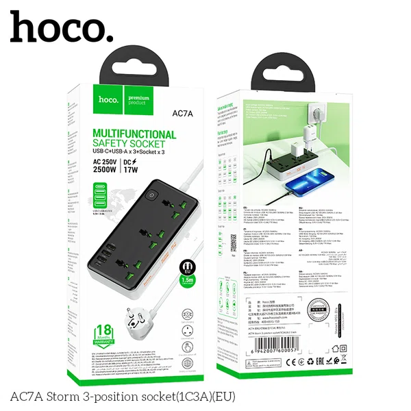 Hoco AC7A 7-Port USB Desktop Charging Station with 3 AC Sockets (EU) - Available at AfnoBazar Nepal