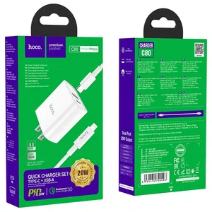Hoco C80 Wall Charger Rapido PD20W + QC3.0 Charger Set (C to iP) (US) - Available at AfnoBazar Nepal