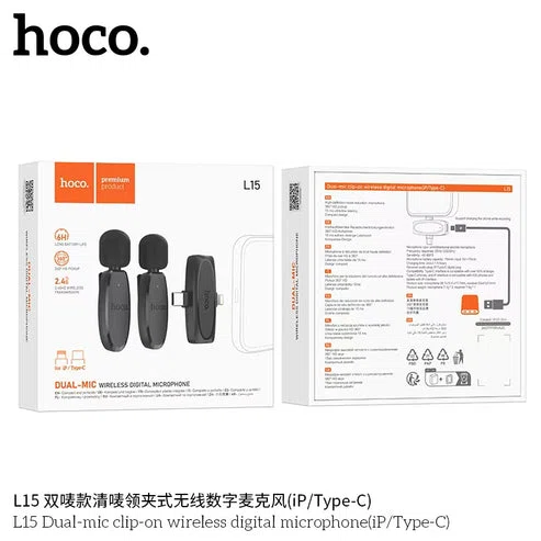 Hoco L15 Dual-Mic Clip-on Wireless Digital Microphone (iP/Type-C) - Available at AfnoBazar Nepal