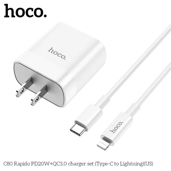 Hoco C80 Rapido PD20W+QC3.0 Charger Set (Type-C to Lightning) - Available at AfnoBazar Nepal
