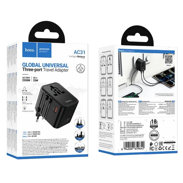 Hoco AC31 PD 25W 3-Port Global Universal Travel Charger (2 x Type-C + USB-A) - Available at AfnoBazar Nepal
