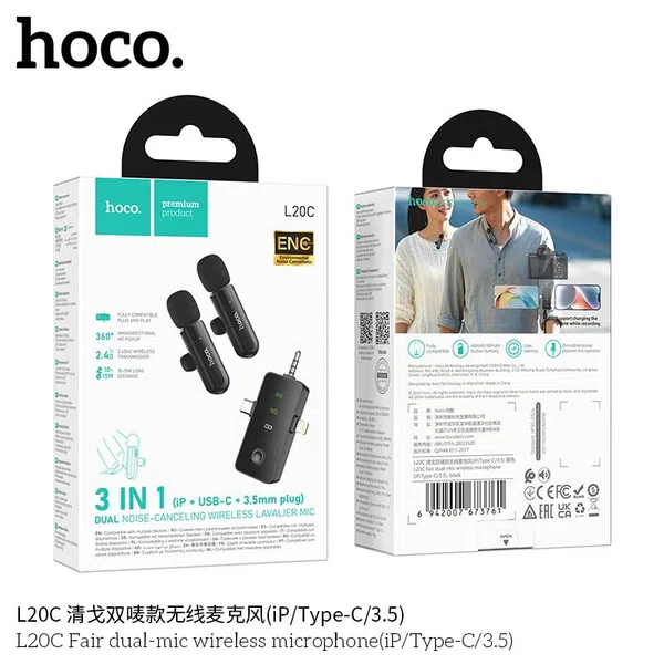 Hoco L20C Fair Dual-Mic Wireless Microphone (iP/Type-C/3.5) - Available at AfnoBazar Nepal