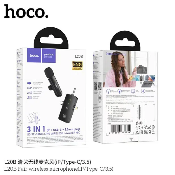 Hoco L20B Fair Wireless Microphone (iP/Type-C/3.5) - Available at AfnoBazar Nepal