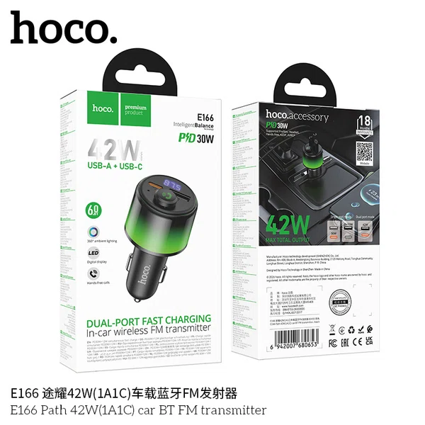Hoco E166 Path 42W (1A1C) Bluetooth FM Transmitter for Cars - Available at AfnoBazar Nepal
