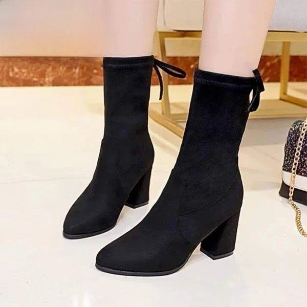 Women's Suede Leather Hoof Heel Boots with Slip-On Closure - Black