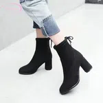 Women's Suede Leather Hoof Heel Boots with Slip-On Closure - Black image 3