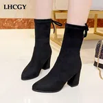Women's Suede Leather Hoof Heel Boots with Slip-On Closure - Black image 4