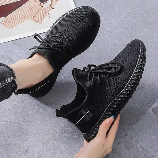Women's Breathable Lace-Up Sneakers with TPR Sole - Black