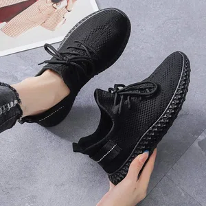 Women's Breathable Lace-Up Sneakers with TPR Sole - Black