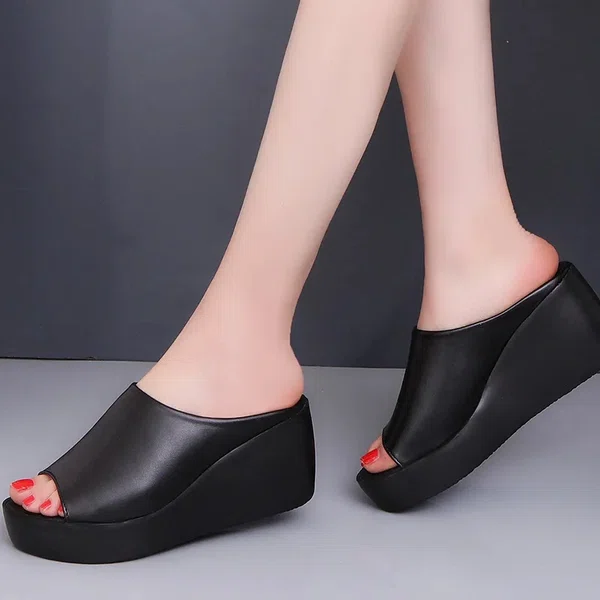 Women's Black Open Toe Wedge Heel Sandals with Arch Support - Black and Coffee