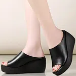 Women's Black Open Toe Wedge Heel Sandals - Black and Coffee image 4