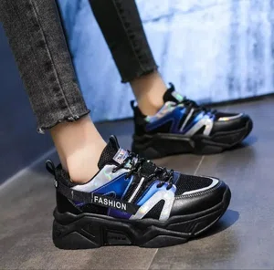 Women's Chunky Running Sneakers with Iridescent Panels - Black and Blue