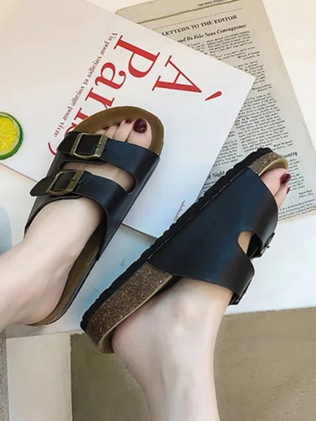 Women's Double Buckle Cork Footbed Sandals - Black