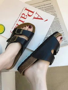 Women's Double Buckle Cork Footbed Sandals - Black