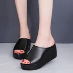 Women's Black Open Toe Wedge Heel Sandals with Arch Support - Black and Coffee image 2