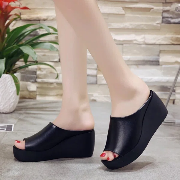 Women's Black Open Toe Wedge Heel Sandals - Black and Coffee