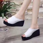 Women's Genuine Leather Platform Sandals - Black, Coffee and White image 1