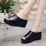 Women's Genuine Leather Platform Sandals - Black, Coffee and White image 2