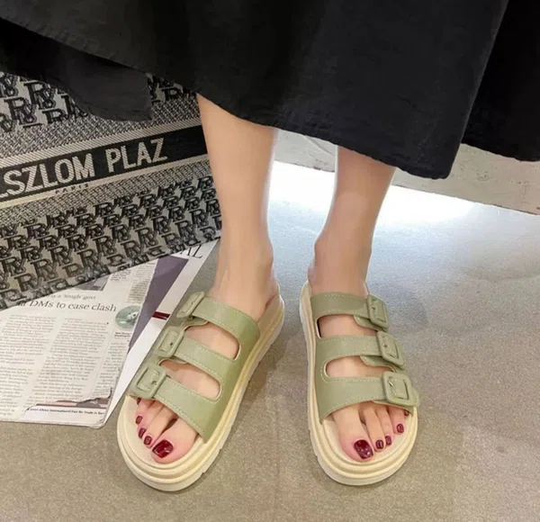 Women's Buckle Thick Sole Beach Slides - Beige, Black and Light Green