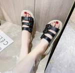 Women's Buckle Thick Sole Beach Slides - Beige, Black and Light Green image 2