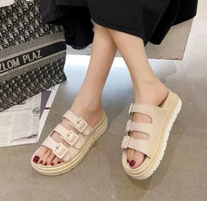 Women's Buckle Thick Sole Beach Slides - Beige