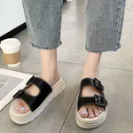 Women's Flat Slide Sandals with PU Footbed with Slip-On Closure - Black image 2