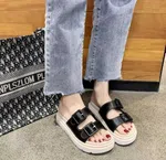 Women's Flat Slide Sandals with PU Footbed - Black image 2