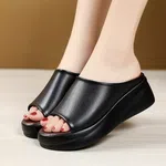 Women's PU Leather Platform Peep Toe Slides - Black image 1