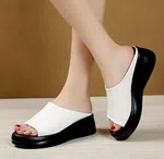 Women's PU Leather Platform Peep Toe Slides - White image 1