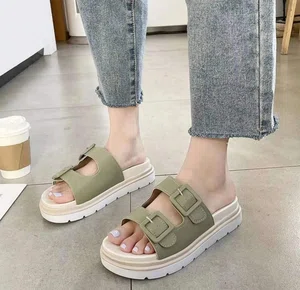 Women's Flat Slide Sandals with PU Footbed - Black