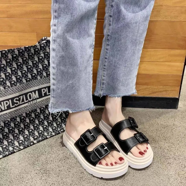 Women's Flat Slide Sandals with PU Footbed with Slip-On Closure - Black