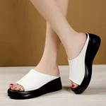 Women's PU Leather Platform Peep Toe Slides - White image 2