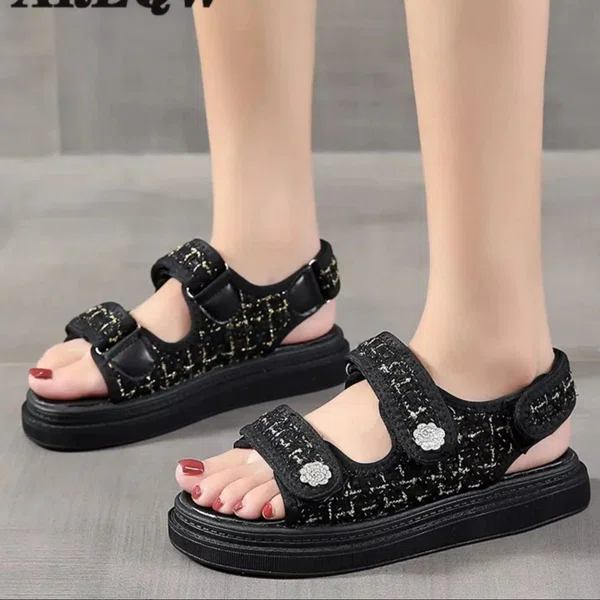 Women's Tweed Velcro Strap Platform Sandals - Black